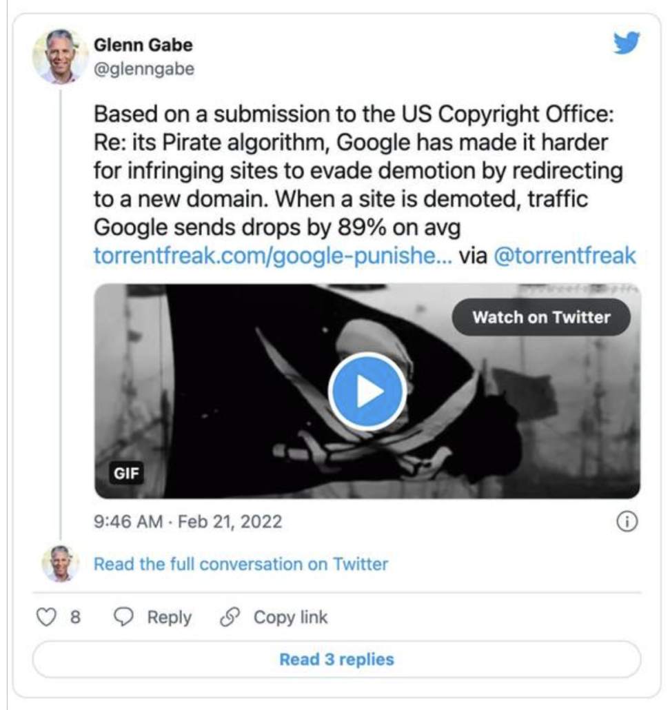 Screenshot of a Tweet from Glenn Gabe reads: Based on a submission to the US Copyright Office: Re: its Pirate algorithm, Google has made it harder for infringing sites to evade demotion by redirecting to a new domain. When a site is demoted, traffic Google sends drops by 89% on ave.